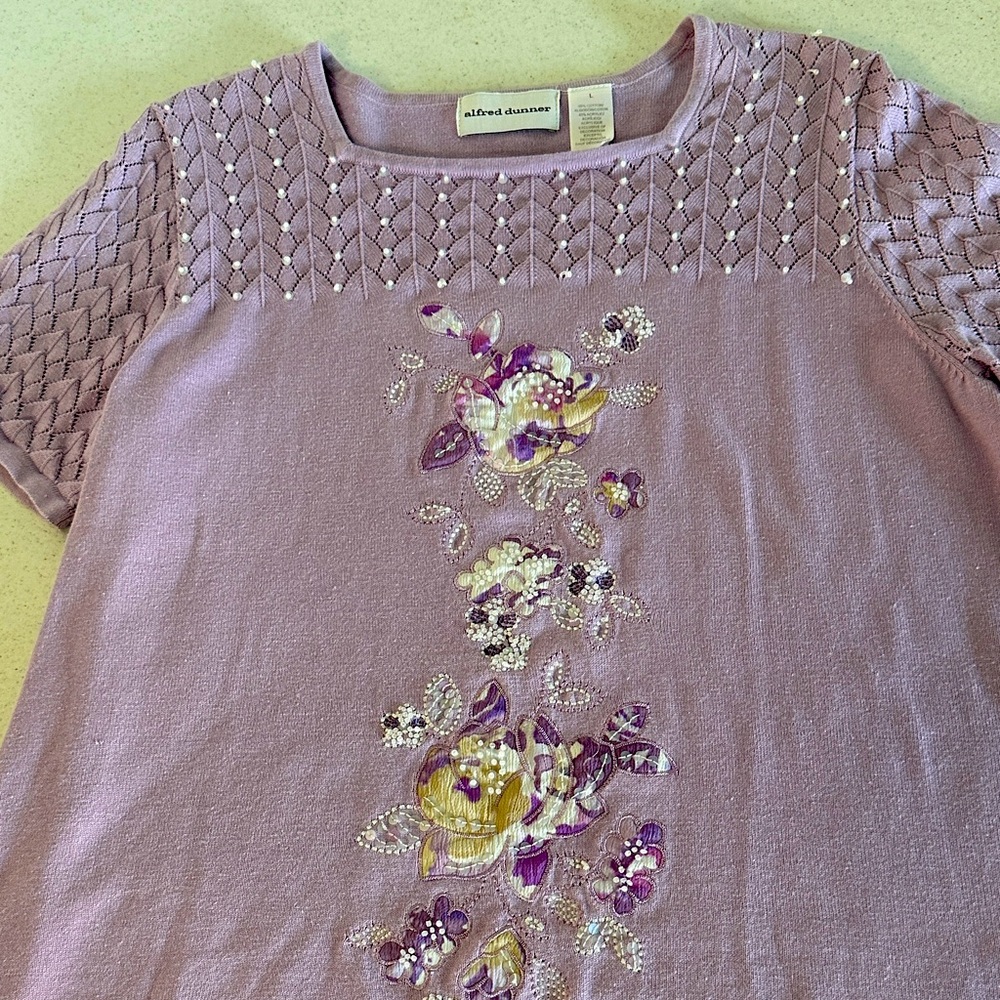 Alfred Dunner Lavender Floral Embroidered Sweater Large